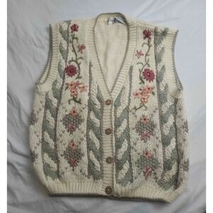 Vintage 80s By Design Sweater Vest Womens M Beige Floral Embroidered Grandmacore